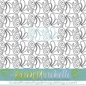 Könnte beinhalten: Schwarz-weißes, sich wiederholendes Muster aus stilisierten Blatt- und Wirbeldesigns, geeignet zum Quilten. Das Bild enthält den Text "Karen Marchetti" und "creativelongarmquilting.com" in einer dekorativen Schriftart.