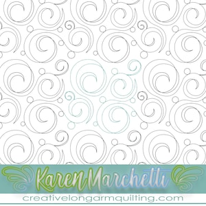Könnte beinhalten: Ein digitales Quilting-Design mit einem sich wiederholenden Muster aus schwarzen Spiralen und Kreisen auf weißem Hintergrund. Das Design heißt "Swirls" und stammt von Karen Marchetti.