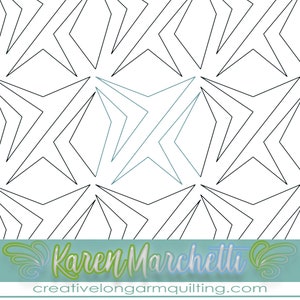 Op de afbeelding: Een zwart-wit geometrisch patroon met een turquoise ster in het midden. Het patroon wordt herhaald over de hele afbeelding. De tekst "Karen Marchetti" en "creativelongarmquilting.com" staat onderaan de afbeelding.