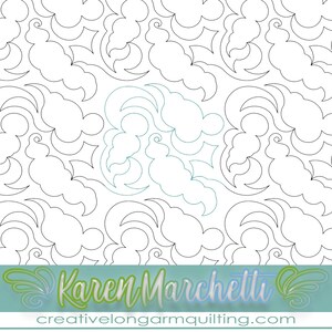 May include: Black and white line art quilting pattern featuring a repeating design of stylised clouds and swirls. The pattern is called "Swirling Clouds" and is by Karen Marchetti.