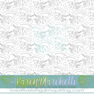 May include: Black and white line art pattern of dragons with wings spread out. The pattern is repeated throughout the image. The text "Karen Marchetti" and "creativelongarmquilting.com" is at the bottom of the image.