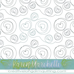 May include: Black and white line art pattern of hearts and circles. The pattern is repeated throughout the image. The text "Karen Marchetti" and "creativelongarmquilting.com" is at the bottom of the image.