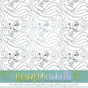 May include: Black and white line art pattern of a surfer riding a wave. The pattern is repeated throughout the image. The text "Karen Marchetti" and "creativelongarmquilting.com" is at the bottom of the image.