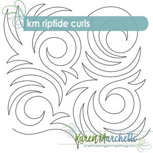 May include: Black and white line drawing of a quilting pattern with the text "km riptide curls" in a teal banner. The design features swirling, curved lines and leaf-like shapes, creating a flowing, wave-like pattern. The name "Karen Marchetti" is at the bottom.