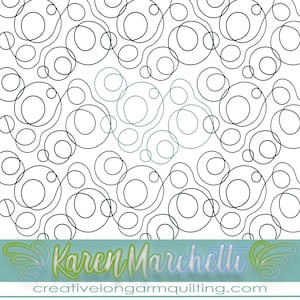 May include: A black and white digital illustration of a repeating pattern of circles and swirls. The pattern is centered around a cluster of larger circles in a light blue color.