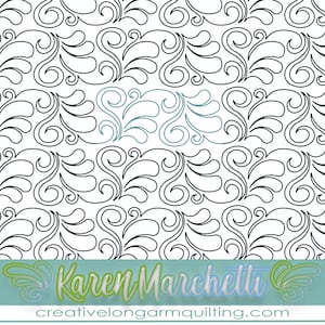 Könnte beinhalten: Ein sich wiederholendes Muster aus wirbelnden Blatt- und Schriftrollen-Designs in Schwarz und Weiß. Ein Abschnitt des Musters ist in Türkis hervorgehoben. Der Text "Karen Marchetti" und "creativelongarmquilting.com" befinden sich am unteren Bildrand.