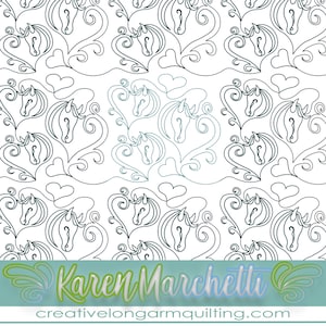 May include: Black and white line art pattern featuring horses' heads inside hearts with swirls. The pattern is repeated throughout the image. The text "Karen Marchetti" and "creativelongarmquilting.com" is at the bottom of the image.