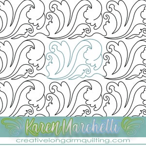 May include: Black and white line art quilting pattern featuring a repeating design of stylized waves with a flourish. The pattern is titled "Karen Marchetti" and includes the website "creativelongarmquilting.com".