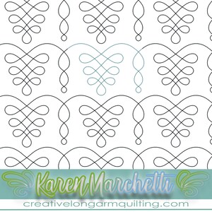Può includere: Un'illustrazione digitale in bianco e nero di un motivo ripetitivo di volute e anelli stilizzati. Il motivo è su uno sfondo bianco. Il testo "Karen Marchetti" e "creativelongarmquilting.com" è in basso nell'immagine.