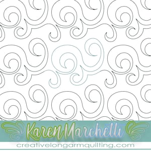 Puede incluir: Una ilustración digital en blanco y negro de un patrón repetitivo de líneas en espiral. El patrón recuerda a las olas o las nubes. La ilustración está sobre un fondo blanco. El texto "Karen Marchetti" y "creativelongarmquilting.com" está en la parte inferior de la imagen.