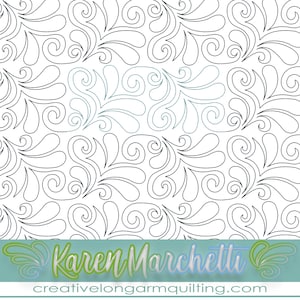 Puede incluir: Un patrón repetitivo de remolinos y formas de hojas en negro y verde azulado, ideal para diseños de acolchado. El diseño incluye el texto "Karen Marchetti" y "creativelongarmquilting.com" en un esquema de color verde y blanco.