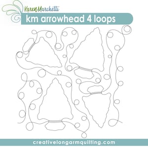May include: A white background features a black line drawing of four arrowhead shapes connected by looping lines and circles. The text "km arrowhead 4 loops" is above the design. The website creative longarmquilting.com is at the bottom.