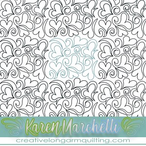 May include: Black and white line art pattern of hearts and swirls. The pattern is repeated throughout the image. The text "Karen Marchetti" and "creativelongarmquilting.com" is at the bottom of the image.