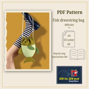 May include: A fish-shaped drawstring bag in green and white gingham fabric, with green fins and a drawstring closure. The image includes text that says "PDF Pattern" and "Fish drawstring bag".