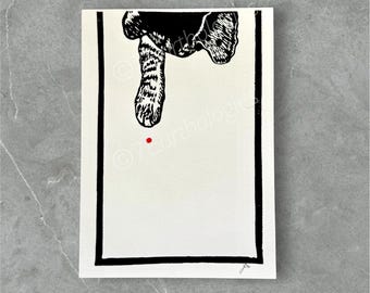 Cat Chasing Laser Dot Linocut Print: Hand-Printed Black Cat Art