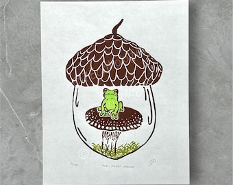 Tree Frog Art Print • Acorn Lino Print, Nature Illustration