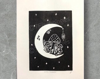 Mystic Moon Lino Print: Mushroom Art, Celestial Decor