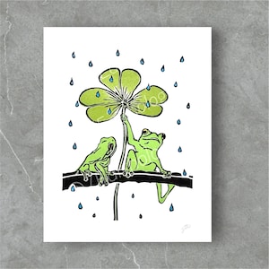 Frog Lino Print | Tree Frog print | Clover print | linocut print | lino block print | relief print | art print
