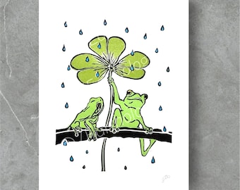 Frogs Under Clover• Tree Frogs Lino Print: Hand-Printed Nature Art