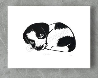 Sleeping Puppy Lino Print: Hand-Printed Dog Art