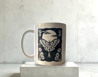 Luna Moth Lino Print Mug: 11oz Ceramic Art Mug