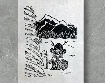 Woodland Warrior Lino Print: Hand-Printed Norse Viking Art