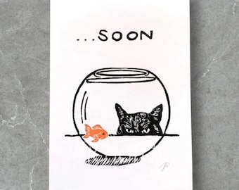 Fishbowl Cat Lino Print: Hand-Printed Black Cat Art