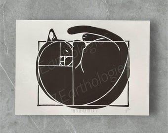 Fibonacci Cat Art: Cat and Golden Ratio Lino Print