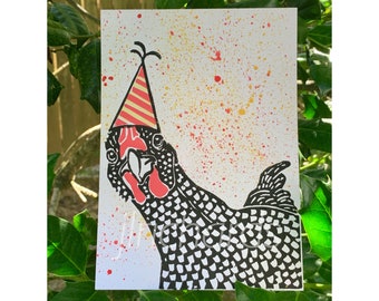 Party Chicken Lino Print | chicken print| chicken art | hand printed | linocut print | lino block print | relief print | art print