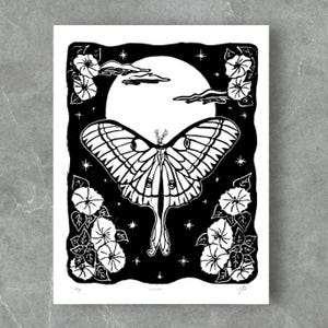 Luna Moth Lino Print | moth print | Luna moth art | moth and moon art | hand printed | linocut print | lino block print | art print