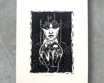 Wednesday Addams Lino Print: Hand-Printed Goth Art