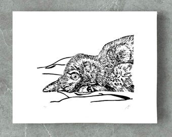 Tabby Cat Lino Print: Hand-Printed Linocut Cat Art