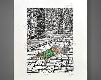 Will the Squirrel Lino Print:  College of William and Mary Art, Hand-Printed Linocut