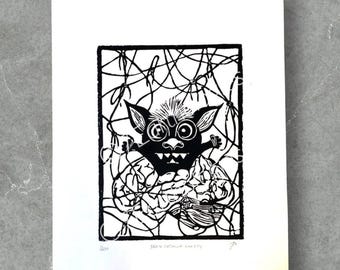 Brain Gremlin Linocut Print: Anxiety Art, Hand-Printed