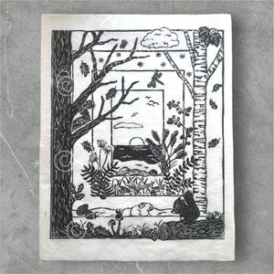 Nature’s Rhythm Lino print | forest art | seasons | animal art | hand printed | linocut print | lino block print | art print
