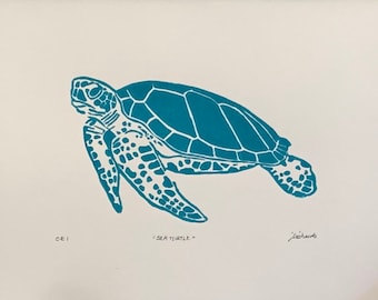 Sea Turtle Lino Print | turtle print | ocean art | sea turtle art | hand printed | linocut print | lino block print | art print