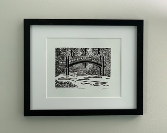 Crim Dell Bridge Lino Print | Impression William et Mary | William et Marie oeuvres d'art | imprimé à la main | impression linogravure | impression bloc lino | impression d'art