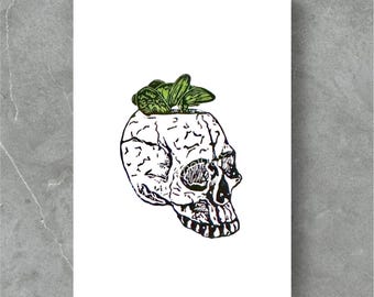 Skull Plant Lino Print: Gothic Halloween Art