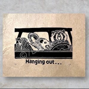 Hanging out… Lino Print | theme song print | animal art | hand printed | linocut print | lino block print | art print