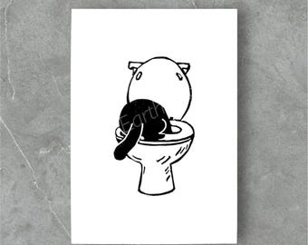 Cat in Toilet Linocut Print: Hand-Printed Black Cat Art