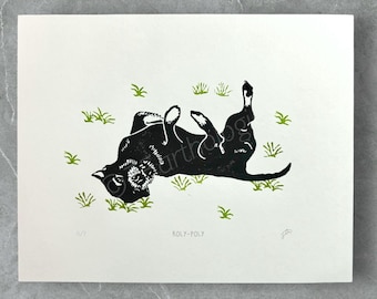 Dog Rolling in Grass Lino Print: Hand-Printed Pet Art