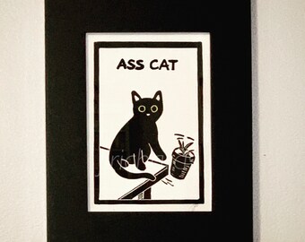 Zwarte kat Linoprint | kattenkunst | zwarte kattenkunst | handgedrukt | linosnede afdrukken | linoblokafdruk | Kunstafdruk