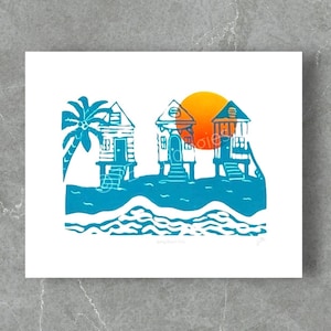 Sunny Beach Huts Lino Print | beach hut print | beach art | summer art | hand printed | linocut print | lino block print | art print