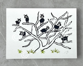 Goats in a Tree Lino Print: Hand-Printed Animal Art