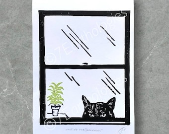 Black Cat Lino Print: Waiting at Window, Hand-Printed Art