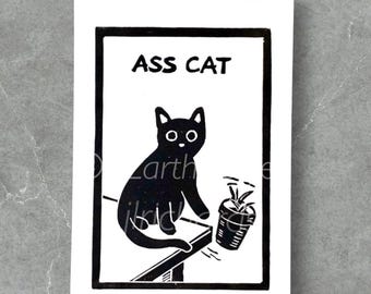 Black Cat Lino Print: Hand-Printed Linocut Art