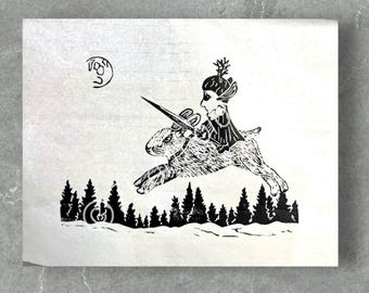 Woodland Valkyrie Linocut Print: Norse Art, Hand-Printed