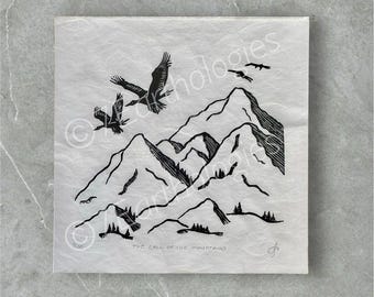 Mountain Wildlife Lino Print: Hand Printed Wildlife Art on Mulberry Paper