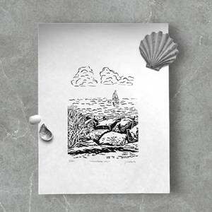 Chesapeake Sail Lino Print | Sailboat print | bay art | coastal art | hand printed | linocut print | lino block print | art print