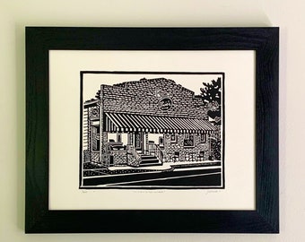 Olivia’s In the Village Lino Print | Gloucester print | Gloucester art | hand printed | linocut print | lino block print | art print